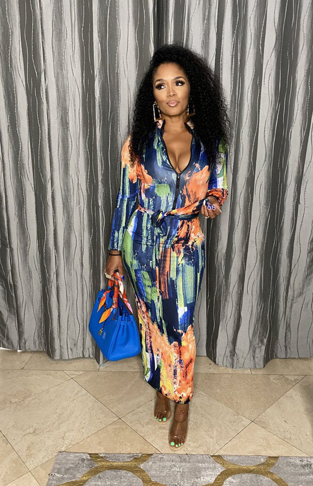 Women's Zipper Printed Long Sleeve Slim Dress With Belt 4