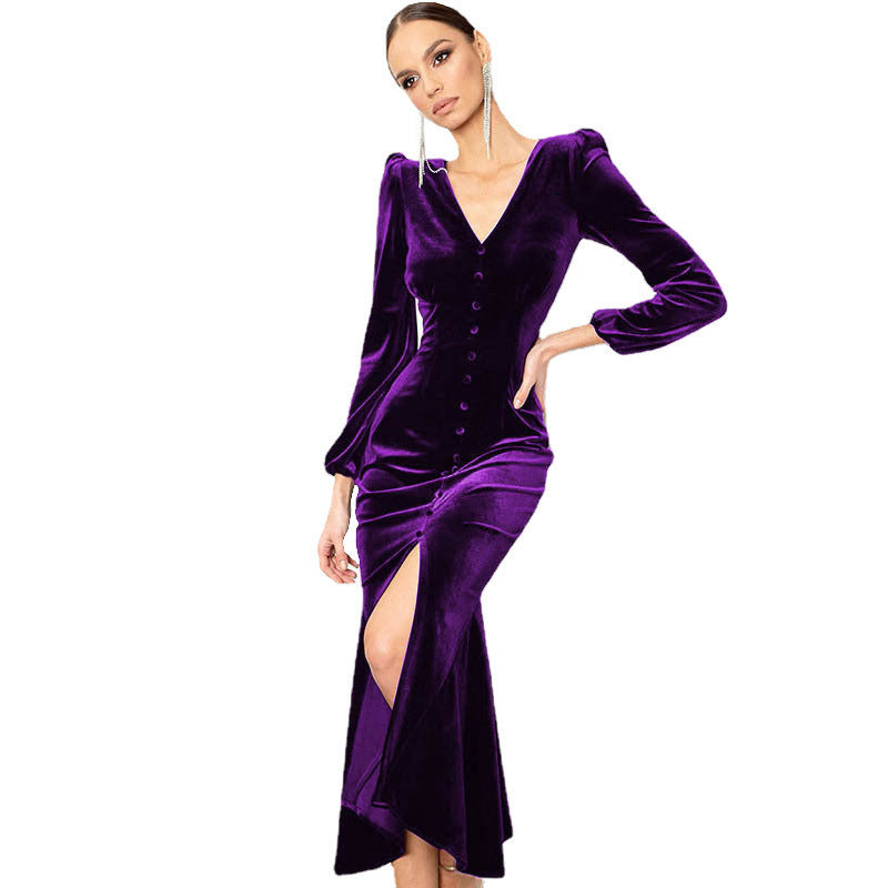 Women Autumn Knittingv Collar Solid Padded Shoulder Long Sleeve Slit Evening Dress 18