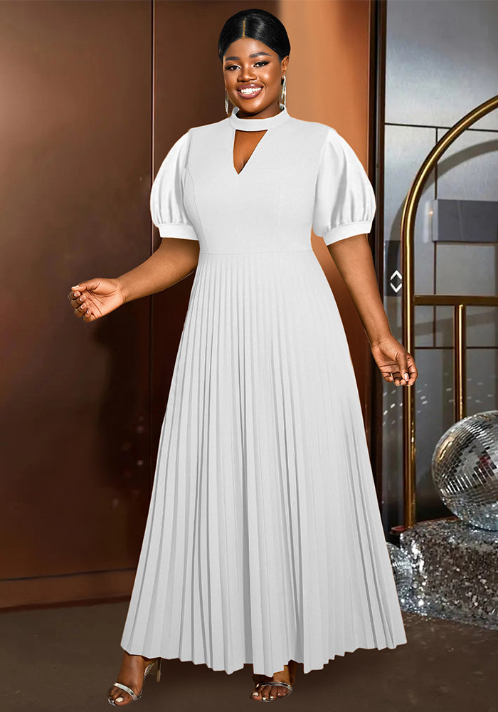 Plus-Size Women Half-Tall Neck Hollow Puff Short-Sleeved Party Pleated Dress