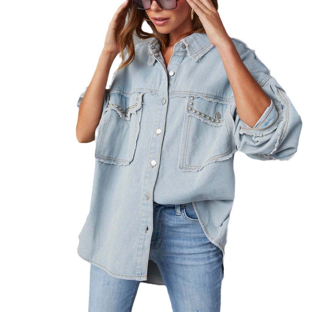 Women Autumn Rivets Turndown Collar Beard Denim Jacket 7