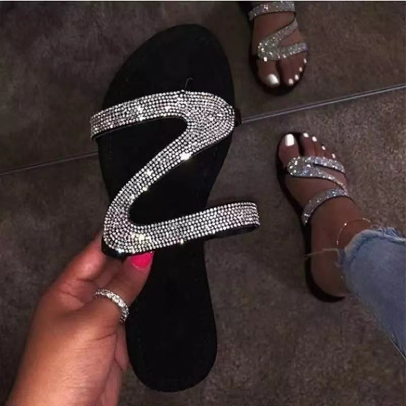 Plus Size Flat Sandal Flip flops Z-line Rhinestone Clip Toe Casual Outdoor Wear Beach Women's Shoe 9