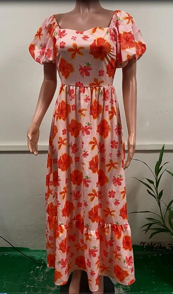 Women summer puff sleeve square neck printed dress 9