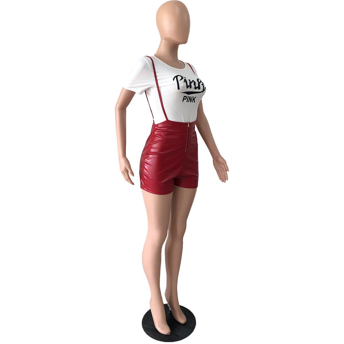 Women Short Sleeve Printed T-Shirt And Stretch Pu Leather Suspender Jumpsuit Two Piece Set 16