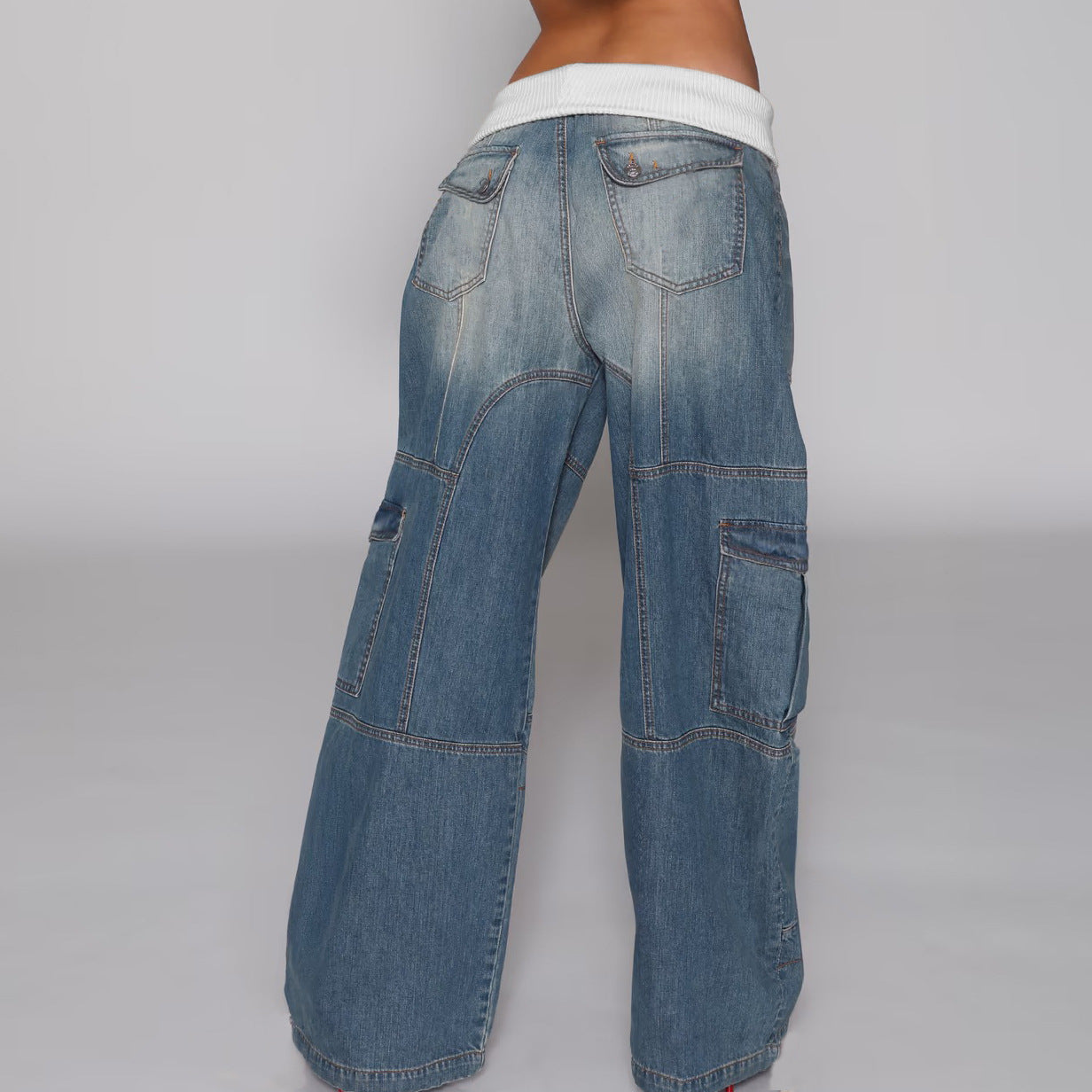 Women Fall/Winter Colorblock Waistband Denim Pants 4