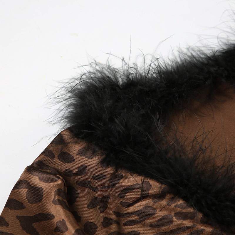 Fashionable Sexy Fur Patchwork Leopard Print Long-Sleeved Top Slim Mini Skirt Two-Piece Set 14