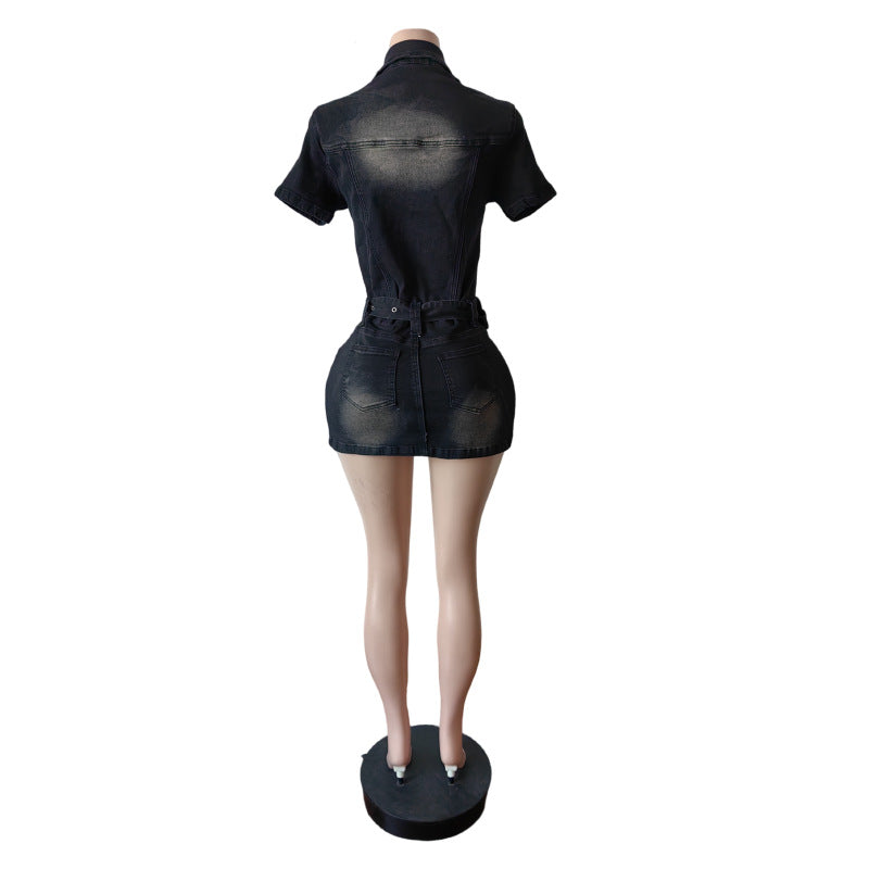 Spring Short-Sleeved Slim Stretch Fashion Denim Dress 7