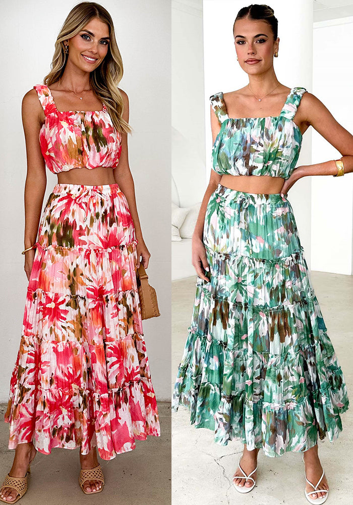 Floral Strap Crop Top & High-Waist Skirt Two-Piece Set