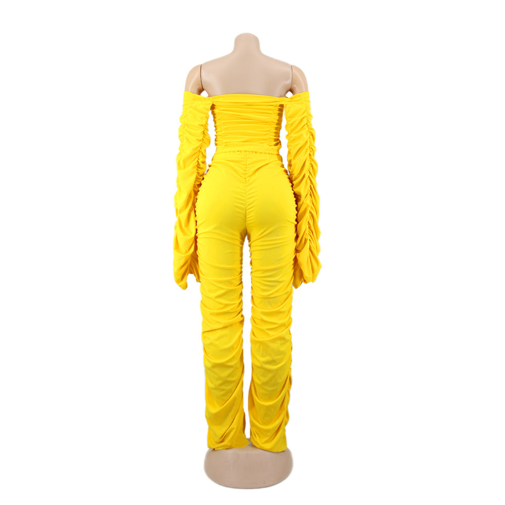 Women Long Sleeve Solid Pleated Off Shoulder Sexy Top and Pant Two-piece Set 18