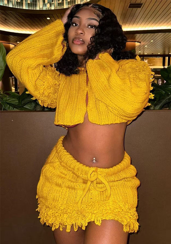 Women Casual Solid Long-Sleeved Tassel Crop Top and Skirt Two-Piece Set