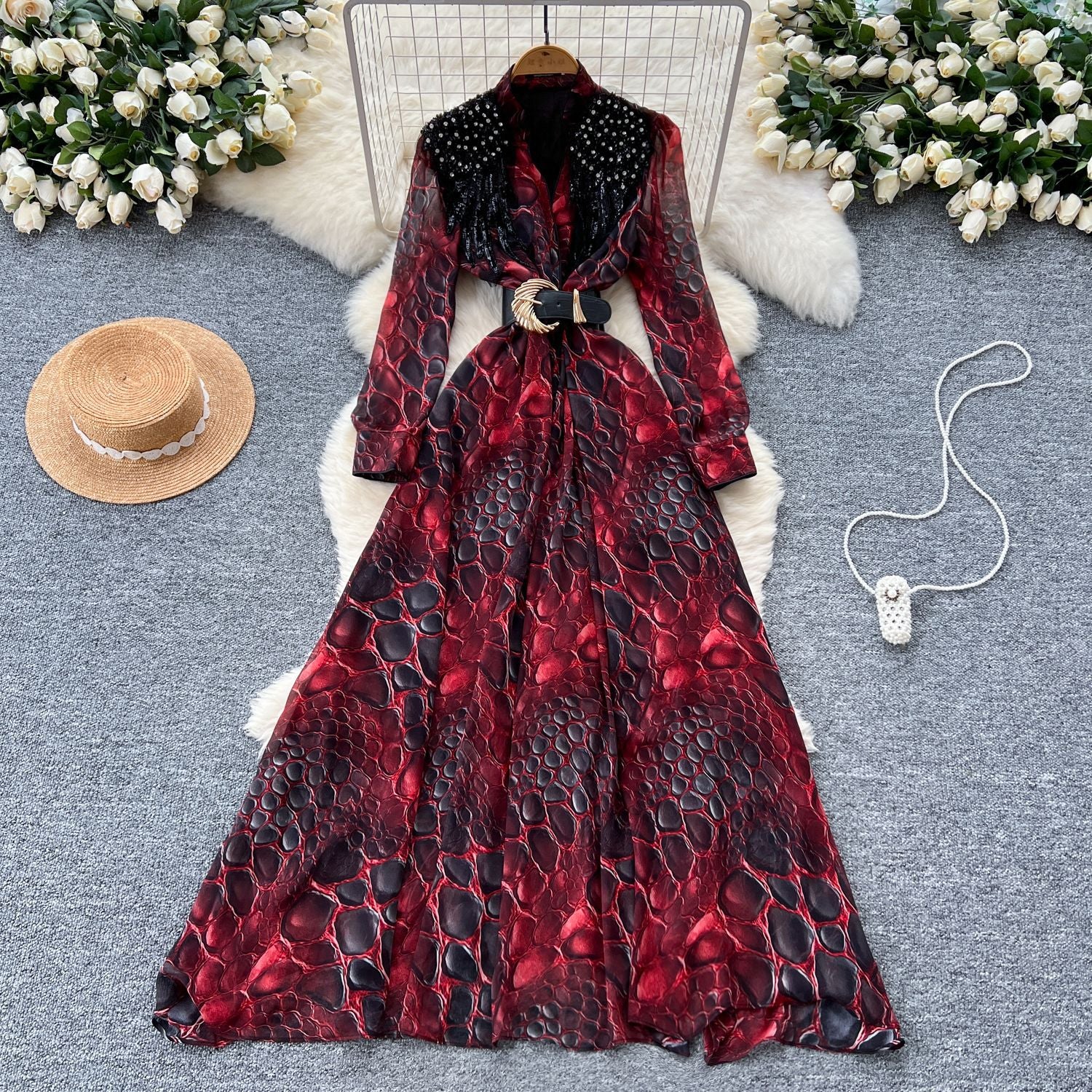 Fashionable Women's Beaded Sequin Embroidery V neck Slim Waist Long Sleeve Leopard Print Elegant Long Dress