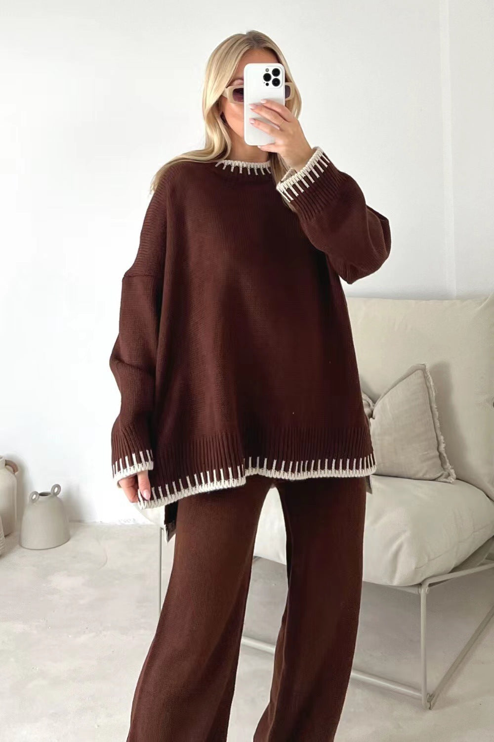 Autumn Winter Fashion Solid Color Sweater Pants Casual Loose Two-Piece Set 7