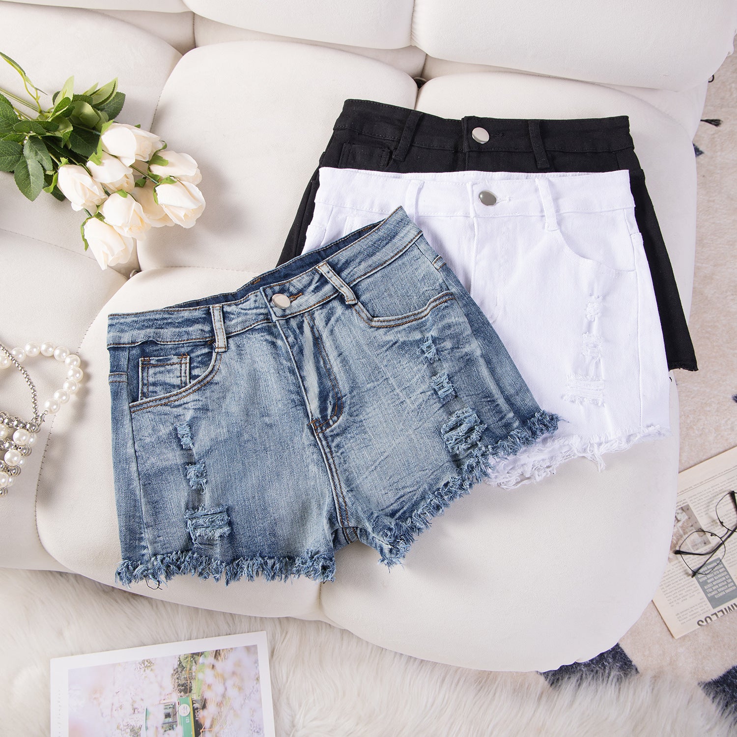 Sexy Casual High-Waist Plus Size Ripped Denim Shorts 13