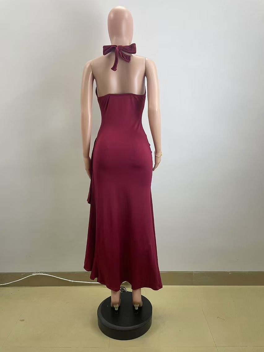 Summer Sexy Fashionable Halter Neck V-Neck Low Back Slit Long Dress 14