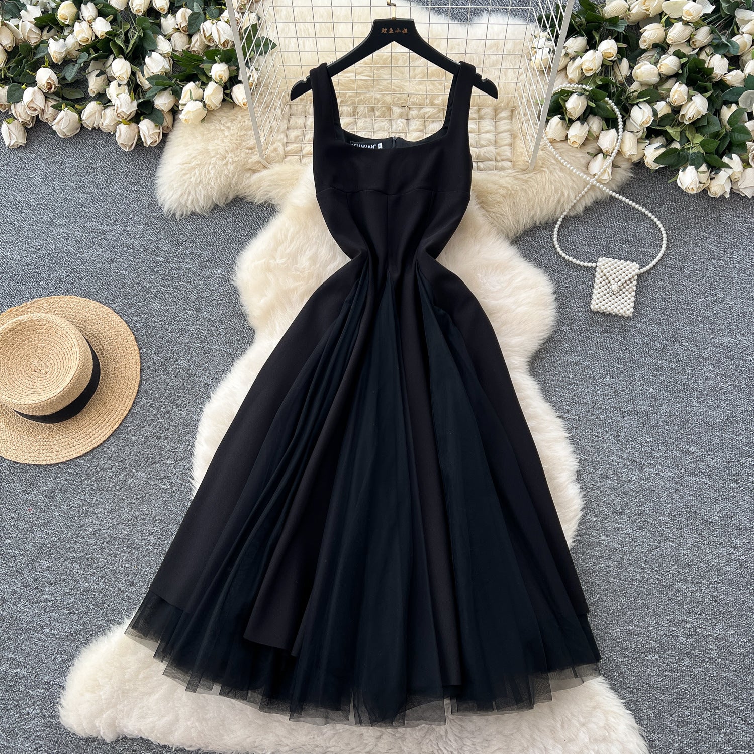 Women's Summer Square Neck Strap Mesh Patchwork Puffy Long Dress 3