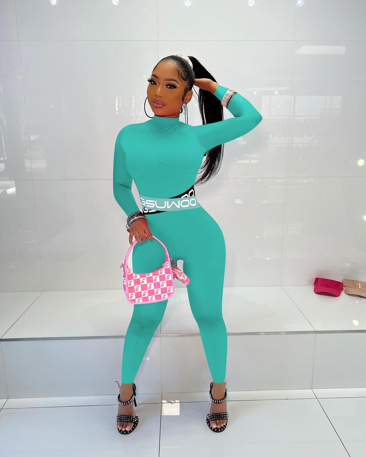 Women Sexy Letter Print Solid Color Long Sleeve Jumpsuit