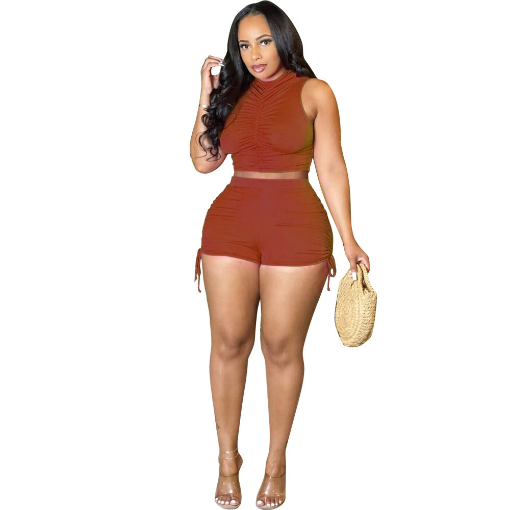 Women clothes drawstring two-piece summer vest shorts set 3