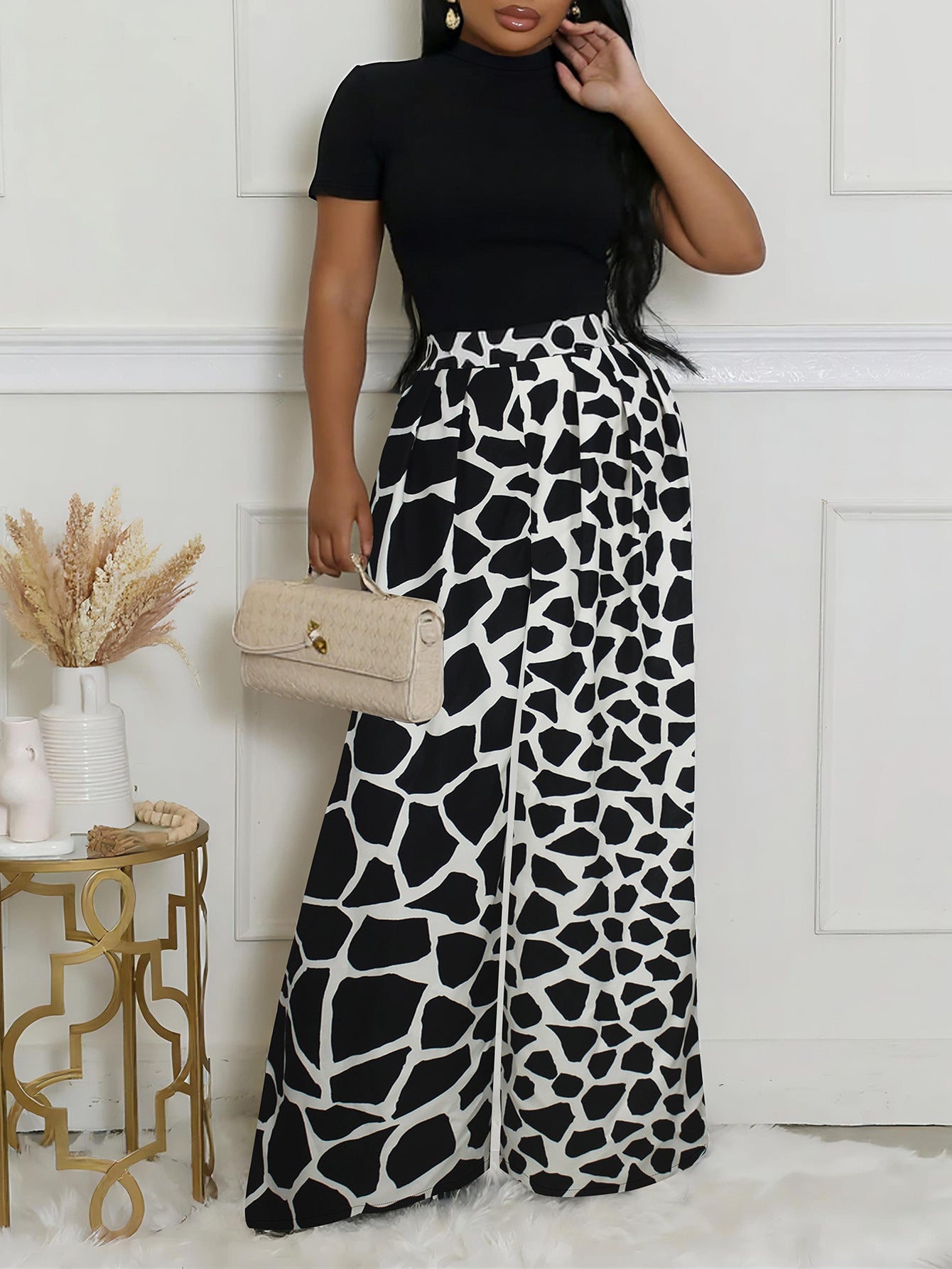 Women's Elegant Round-Neck Short-Sleeve High-Waist A-Line Trousers Casual Two Piece Set 5