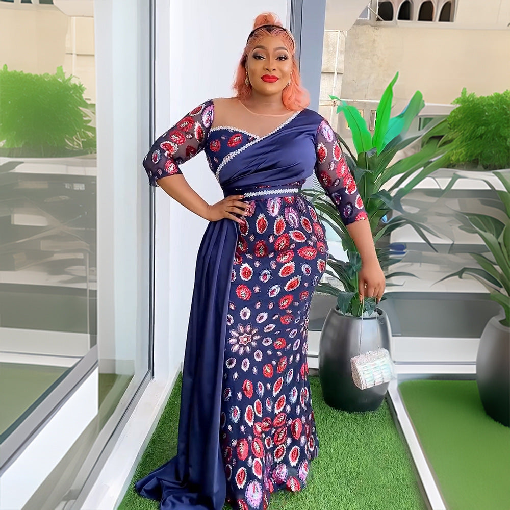 Patchwork Contrast African Women's Plus Size High Waist Sequin Long Dress 6