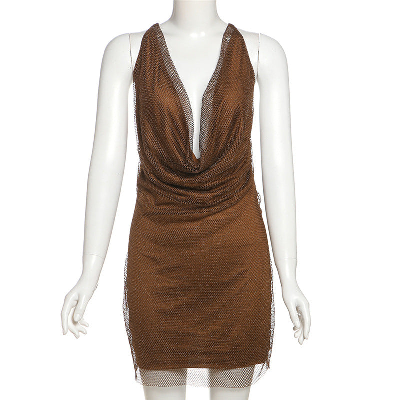 Women summer style street sway collar patchwork backless dress 11