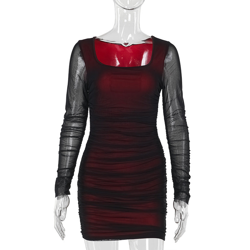 Women Sexy Mesh Long Sleeve Bodycon Dress 8
