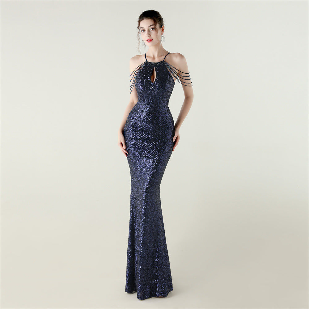 Sequin Beaded Off-Shoulder Halter Fishtail Luxury Party Dress 9