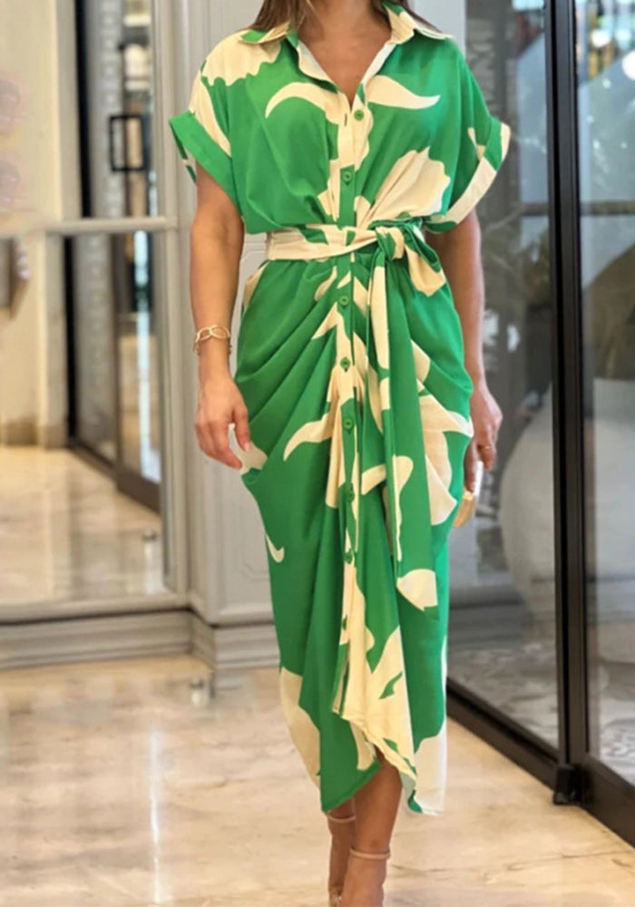 Women Printed Turndown Collar Short Sleeve Shirt Dress