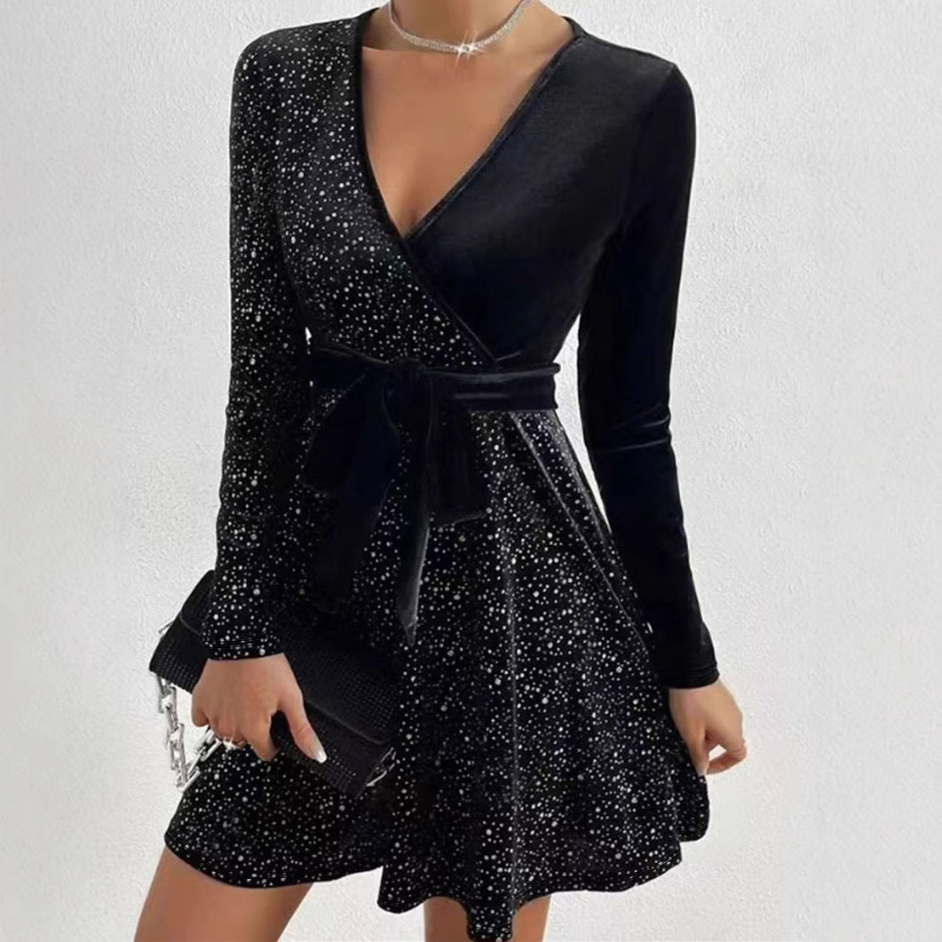 Spring Women's Fashion Elegant Long-Sleeve V-Neck Sequin Dress 6