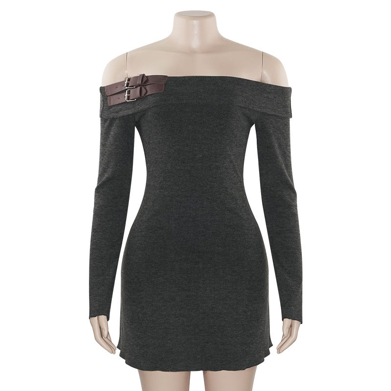 Women Fall Solid Off Shoulder Long Sleeve Sexy Off-shoulder Dress 5