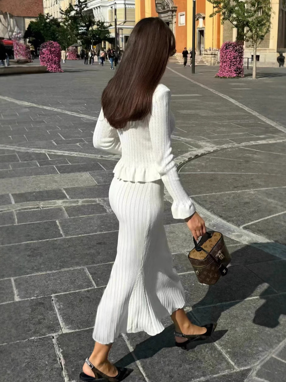 Autumn Winter Elegant Ruffled V-Neck Bodycon Fishtail Skirt Set 9