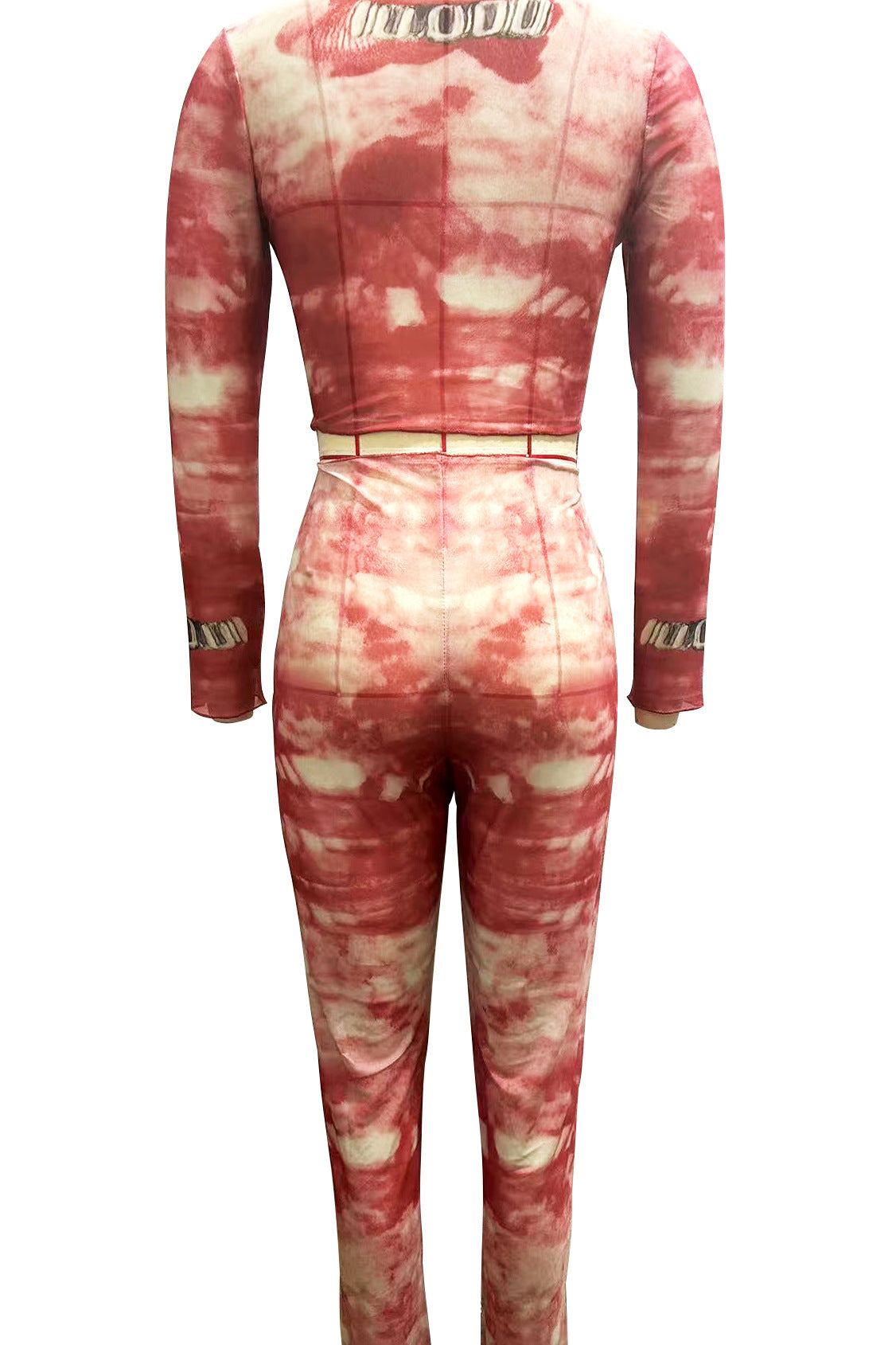 Women Spring Mesh Printed Round Neck Long Sleeve Top and Pants Two Piece Set 6