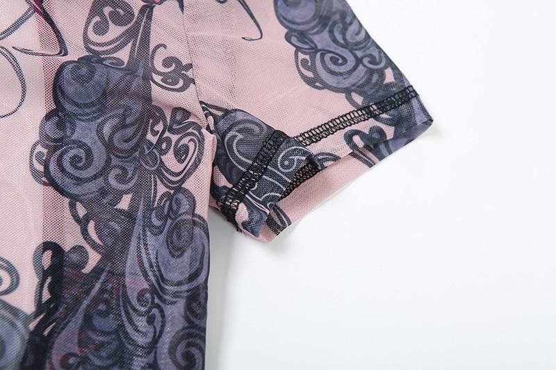 Women Summer Street Trend Mesh See-Through Print Backless Jumpsuit 28