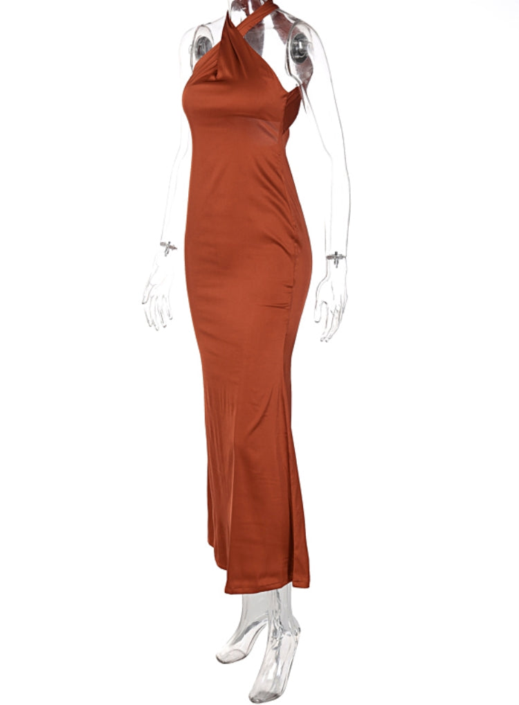 Spring Elegant Brown Cross Neck Sleeveless Backless Evening Dress 5