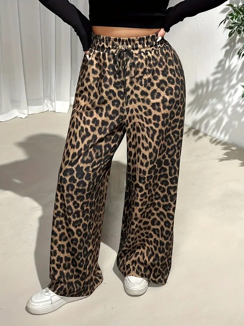 Street Casual Straight-Leg Wide Pants Fashion Leopard Print Plus Size Trousers