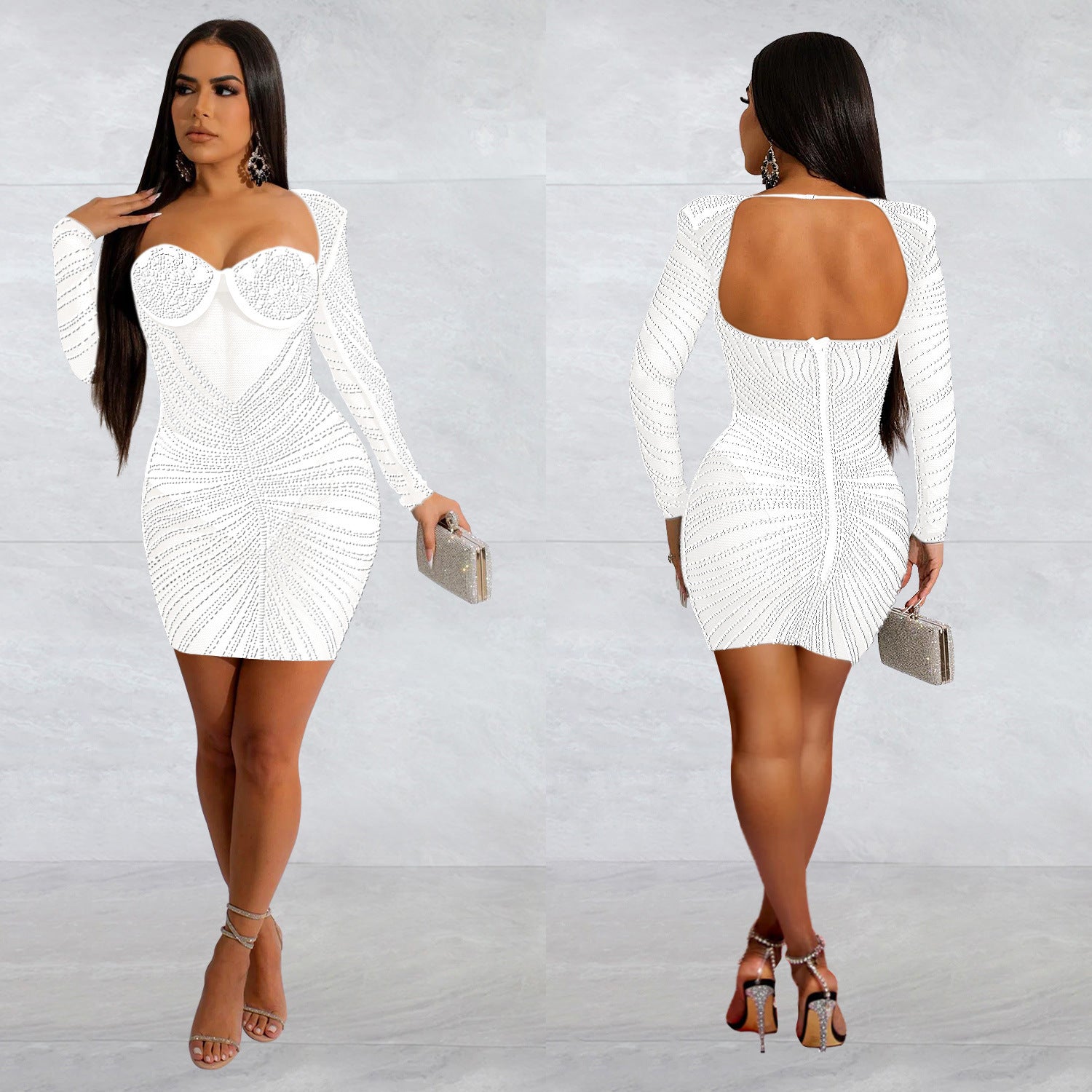 Fashion Women's Solid Color Mesh Beaded Long Sleeve Short Club Dress 6