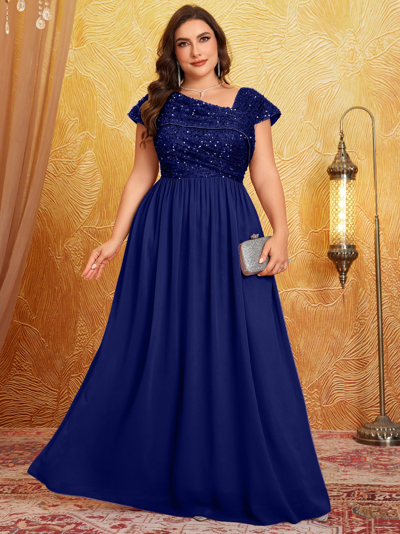 Women V Neck Pleated and Elegant Sequin Patchwork Chiffon Dress 4