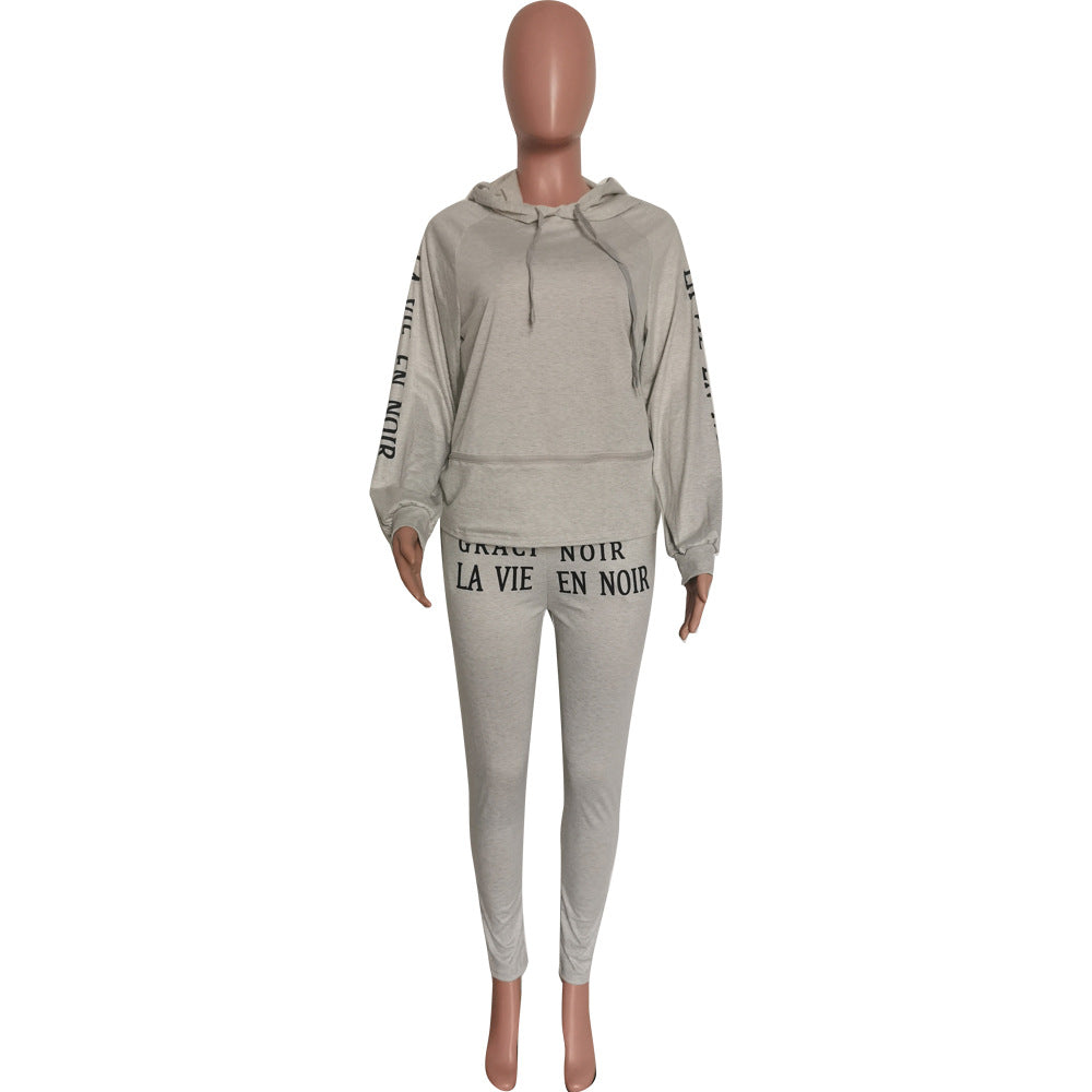 Women's Autumn and Winter gray hooded long sleeve casual two-piece pants set 7