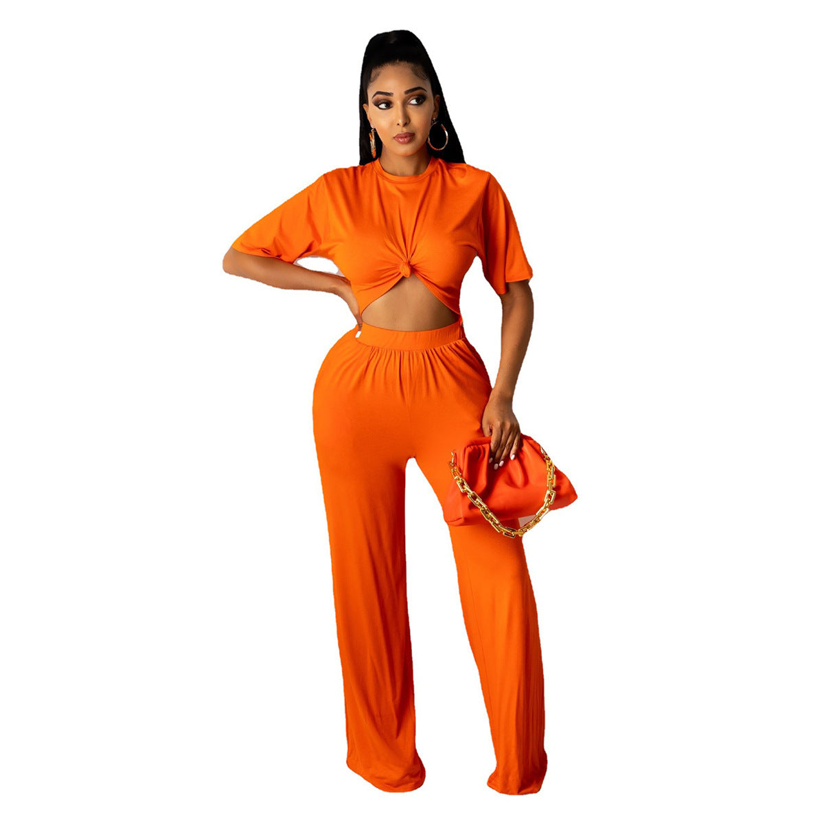 Fall Women's Solid Casual Loose Two Piece Short Sleeve Trousers 8