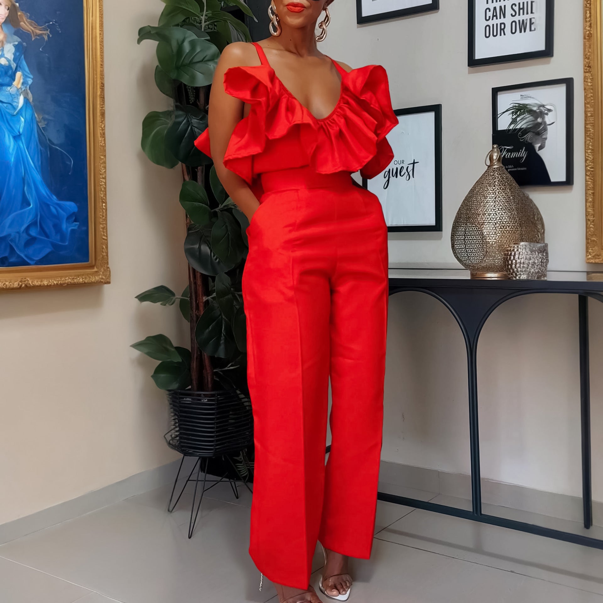 African Women summer v-neck ruffle suspender top trousers two-piece set