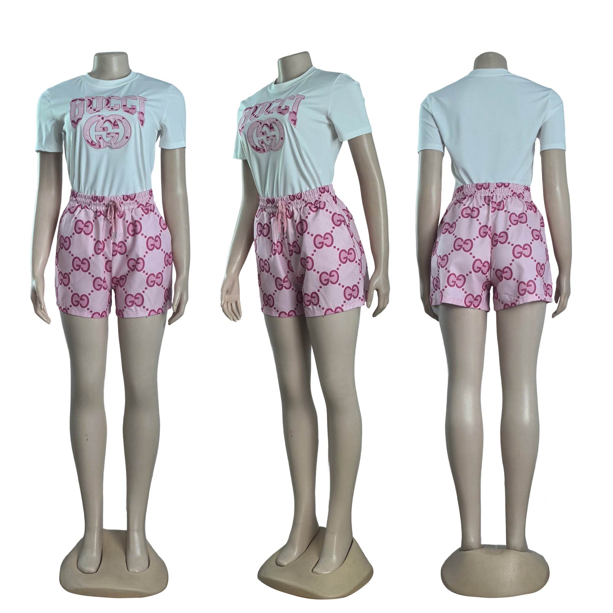 Women Summer Embroidered Printed Short Sleeve Top and Shorts Two-Piece Set 9