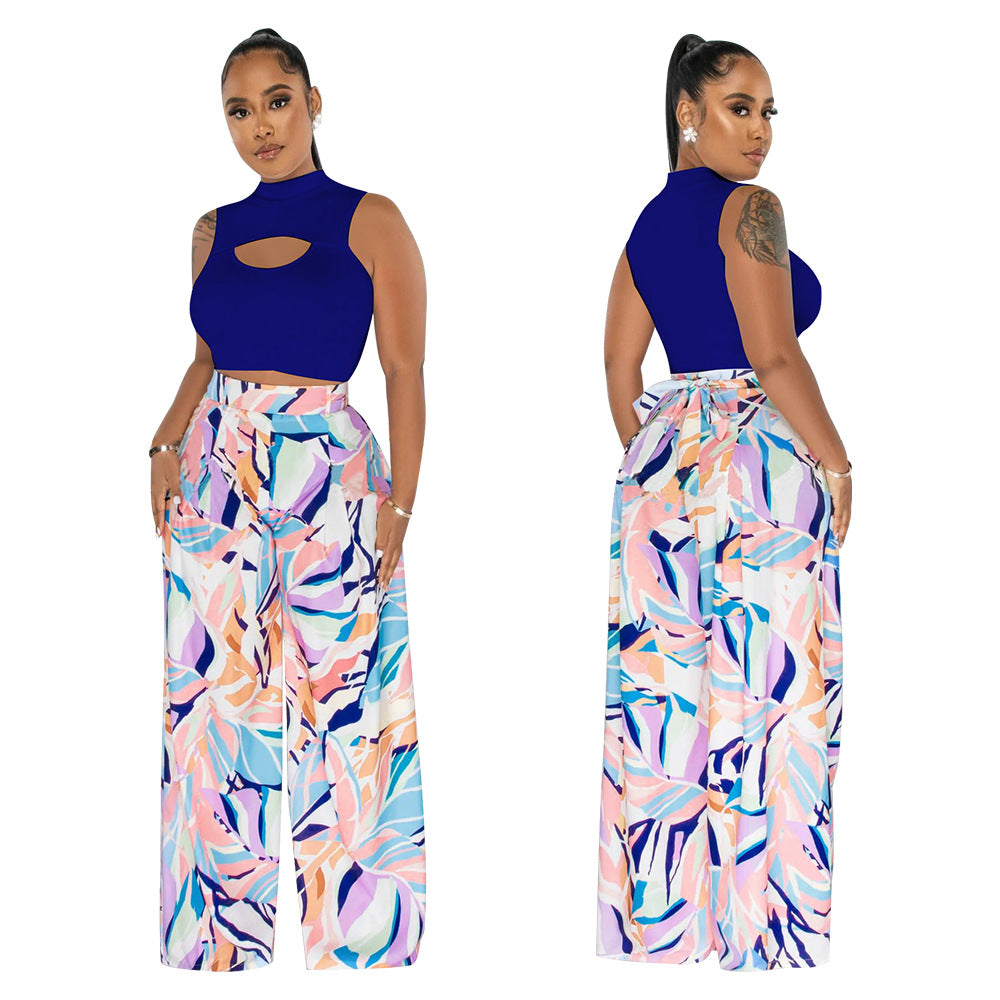 Women's Fashion Sleeveless Round Neck Cropped Top Printed Wide Leg Pants Two-Piece Set 8