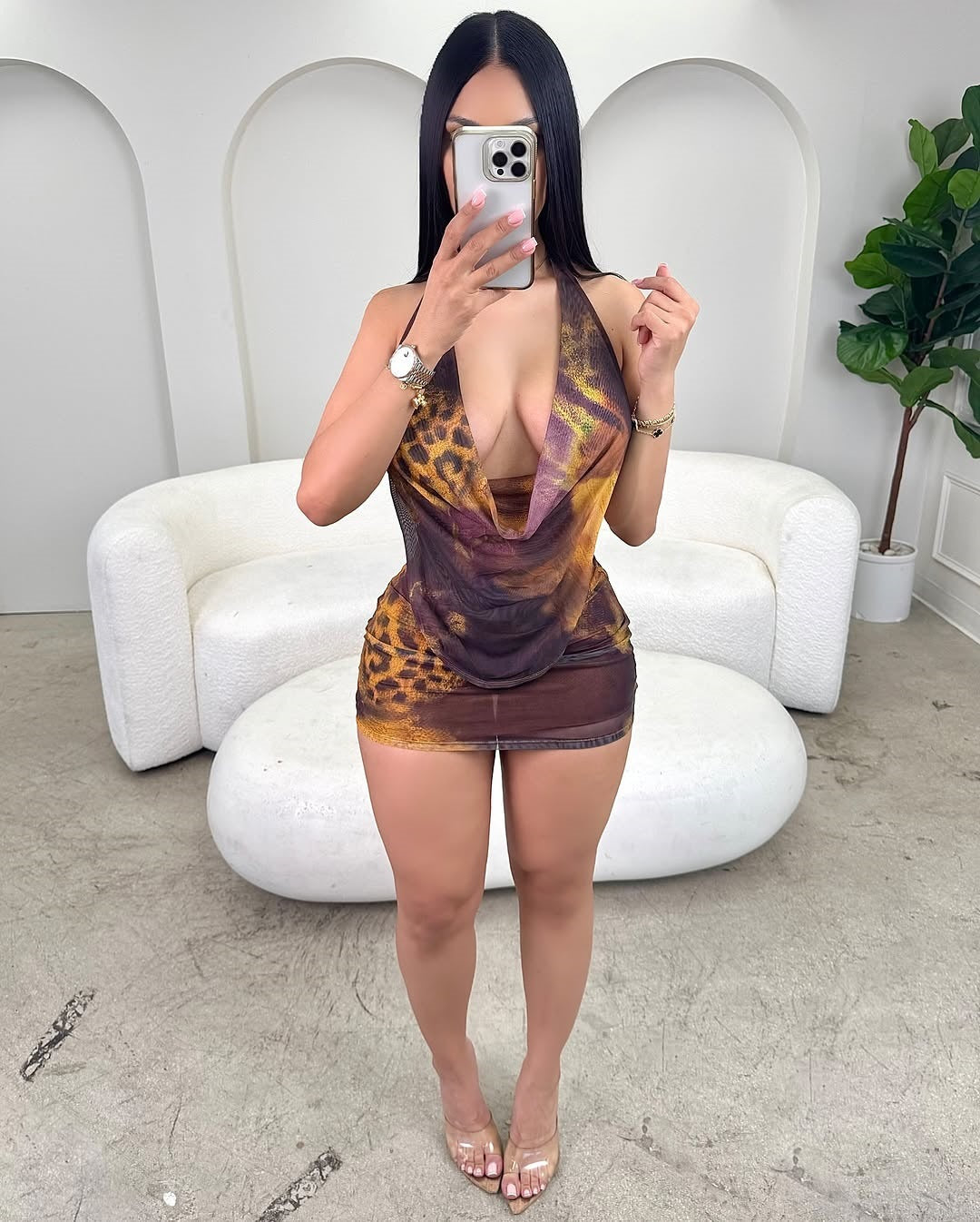 Women's Sexy Leopard Print Low Back Mesh Halter Neck Skirt Set 3