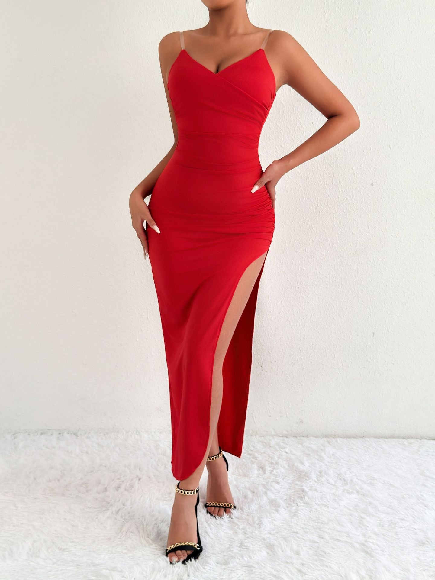 Women V-neck Sexy Backless Slit Suspender Sleeveless Dress 3