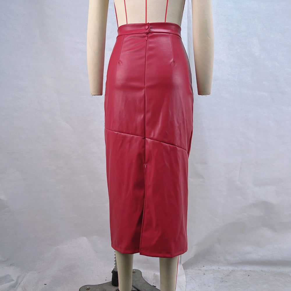 Women Fall Slit Irregular Pu-Leather Skirt 7