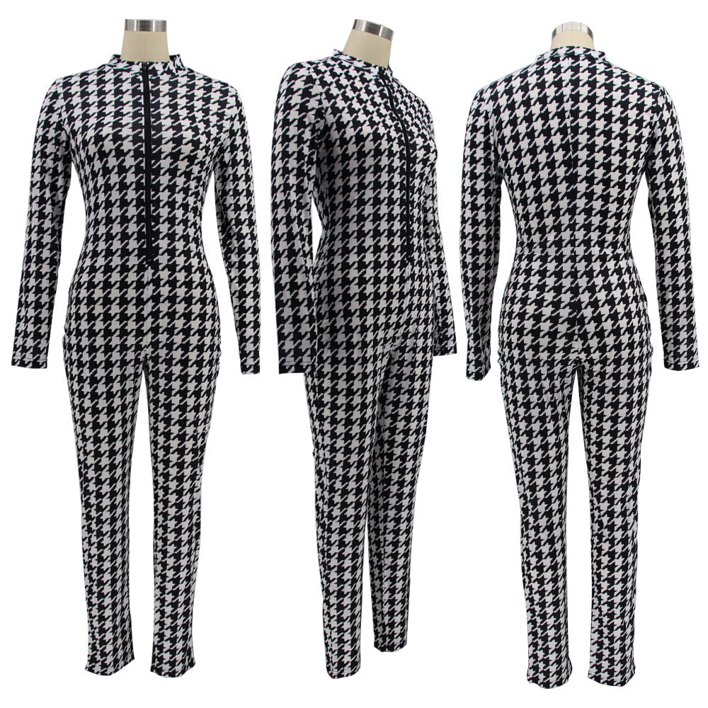 Spring Women's Plaid Print Round Neck Zipper Casual Jumpsuit 18