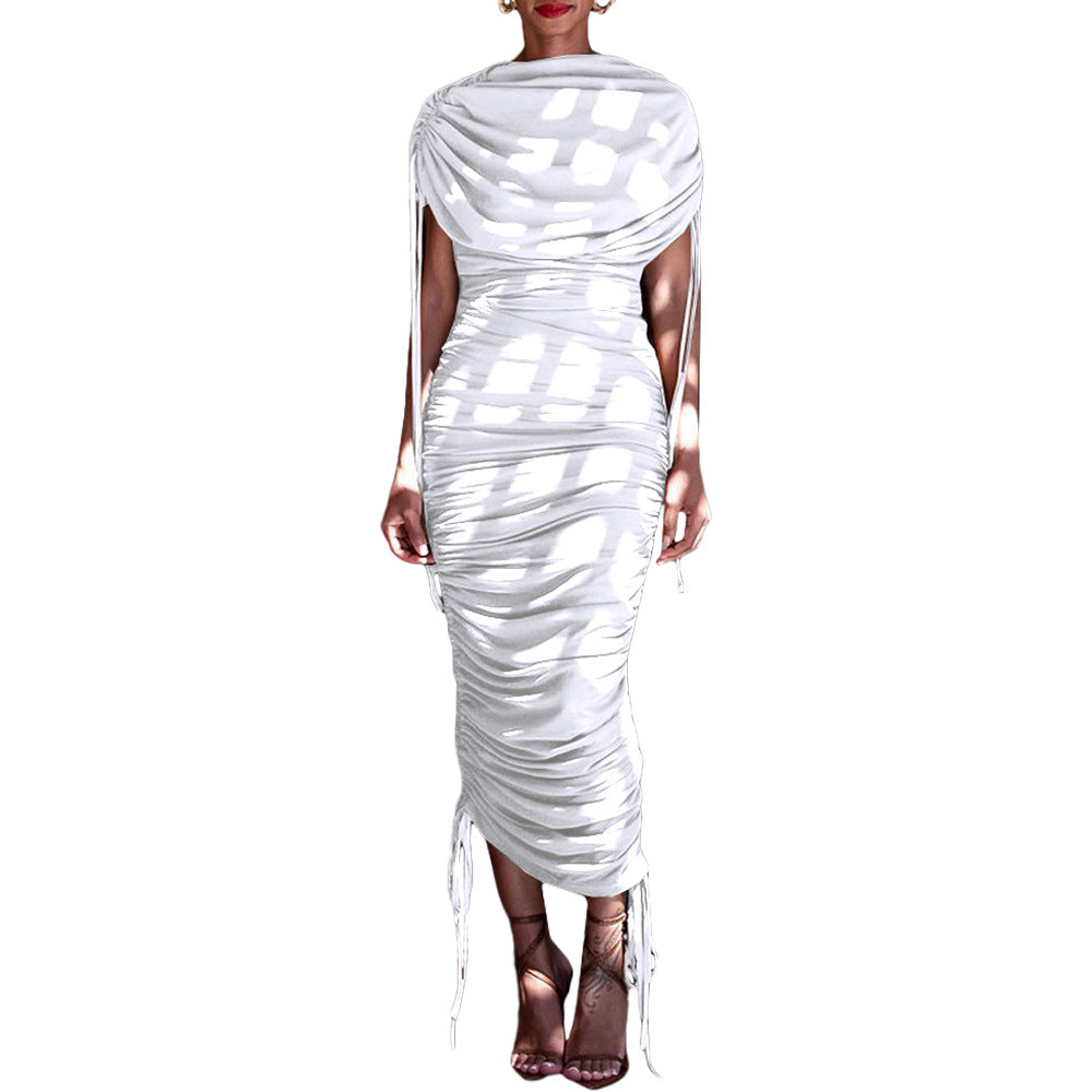 Women Solid Pleated Drawstring Zip Irregular Dress 18