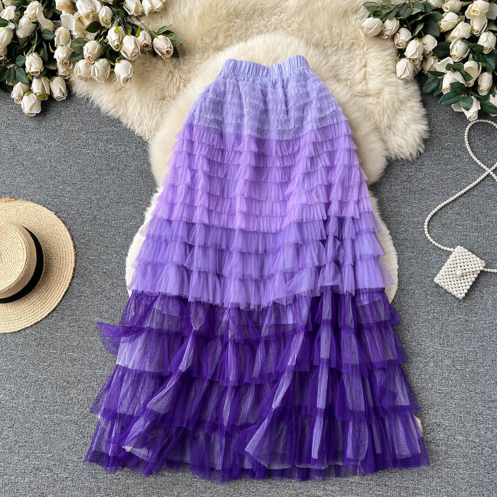 Women  Irregular Gradient Cascading Ruffles Puffy Mesh Skirt 3