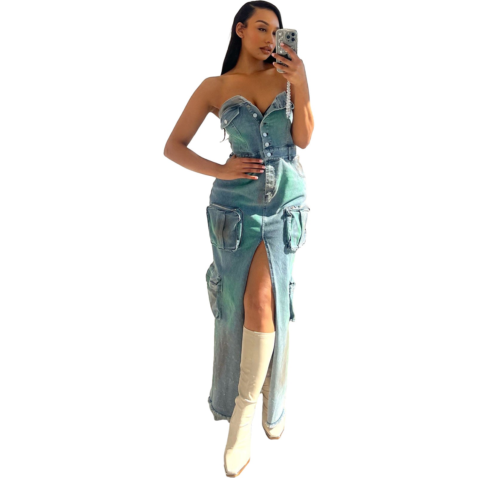 Women Sexy Strapless Off-Shoulder Tie-Dye Slit Cargo Denim Dress 6