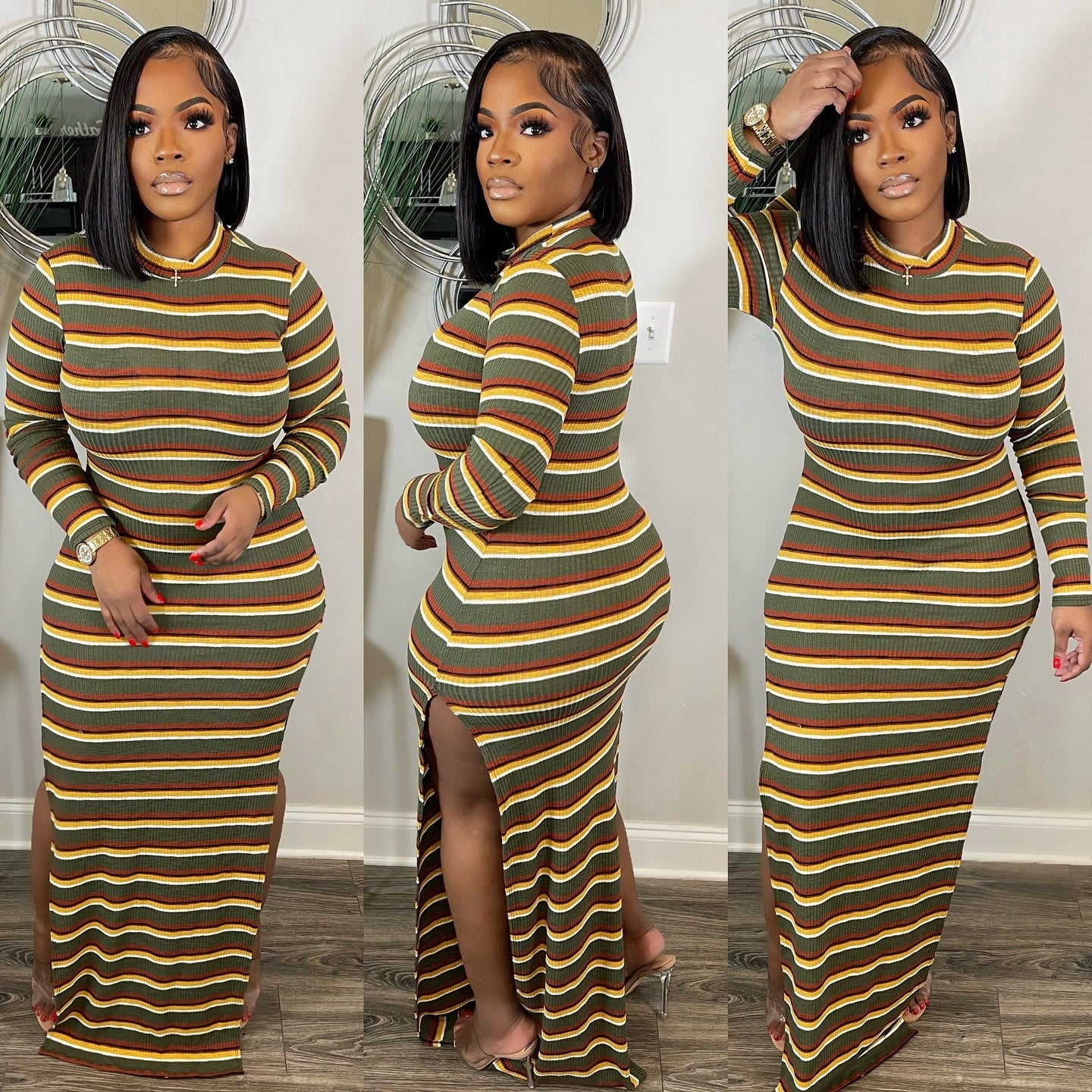 Women's Sexy Slit Ribbed Striped Dress 3