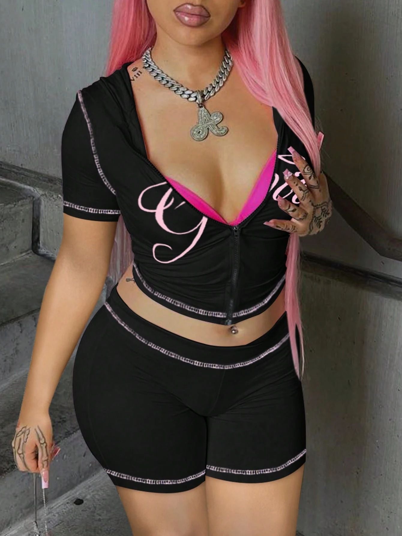 Women Print Contrast Color Top and Shorts Two-piece Set 6