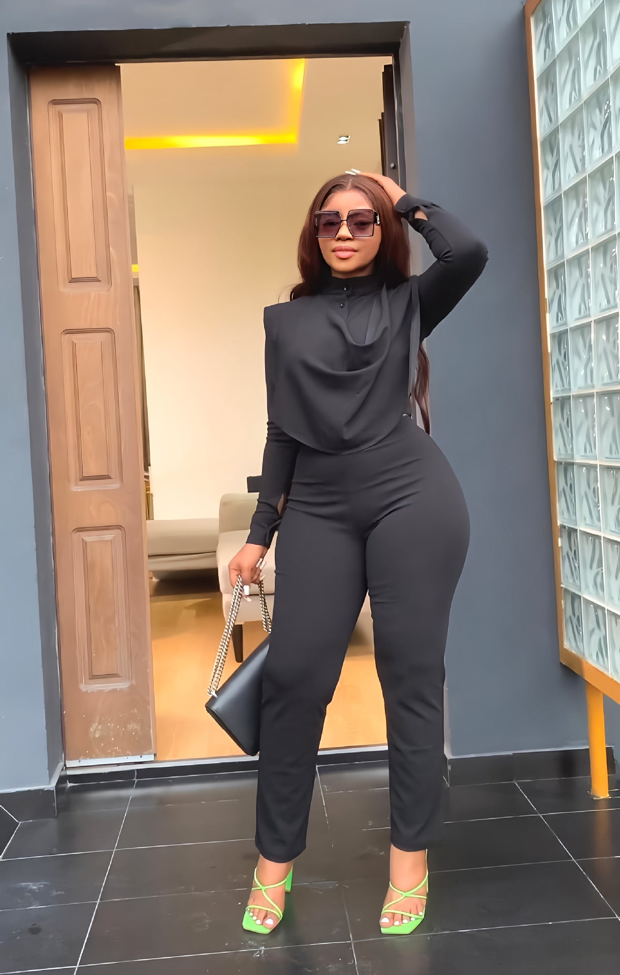 Long Sleeve Cardigan Round Neck Top Slim Pants Business Women's Two Piece 6